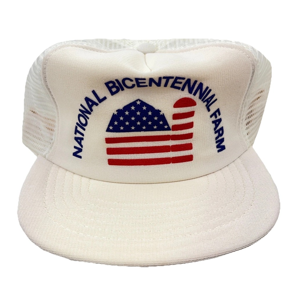 Vintage National Bicentennial Farm Trucker Hat Cap Made In USA Flag Snap Back M4